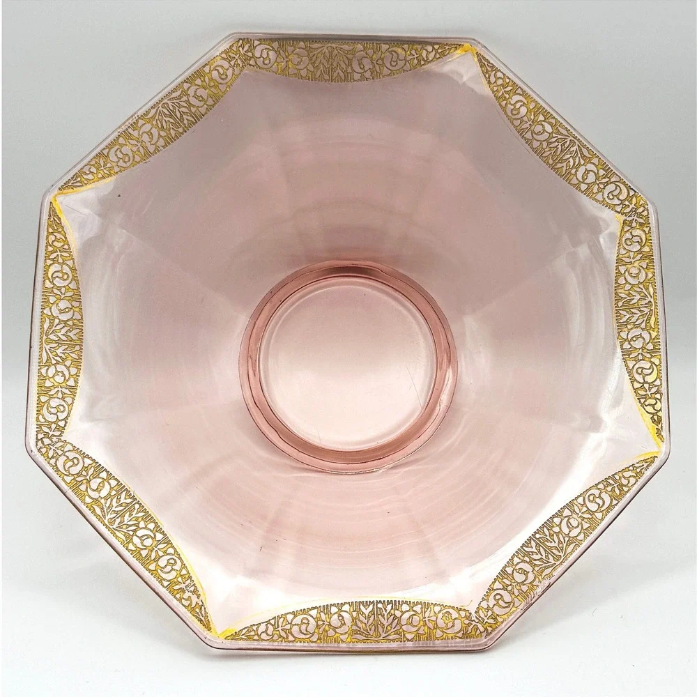 Vintage Pink Depression Glass Octagonal Bowl Gold Encrusted Floral Art Deco Lux